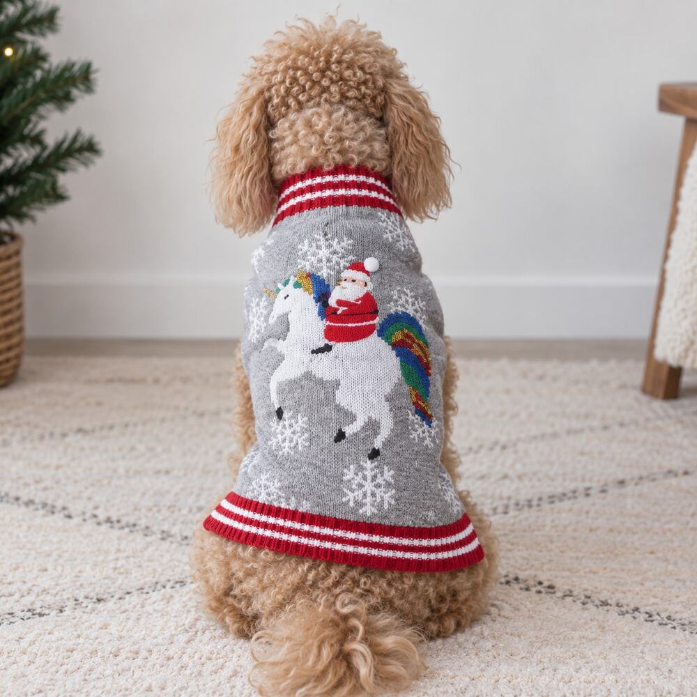 Holiday Time Santa Unicorn Dog Christmas Sweater Medium 20-50lbs Red Gray Sequin